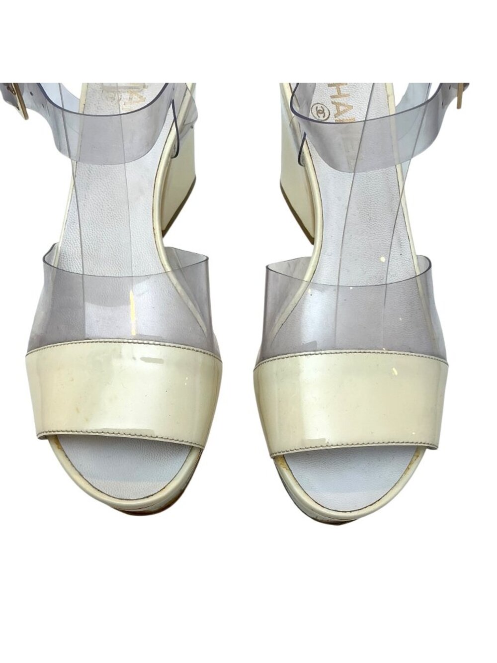 CHANEL Vintage Gold Wedge Platforms With PVC Straps sz 9.5 - Picture 11 of 16